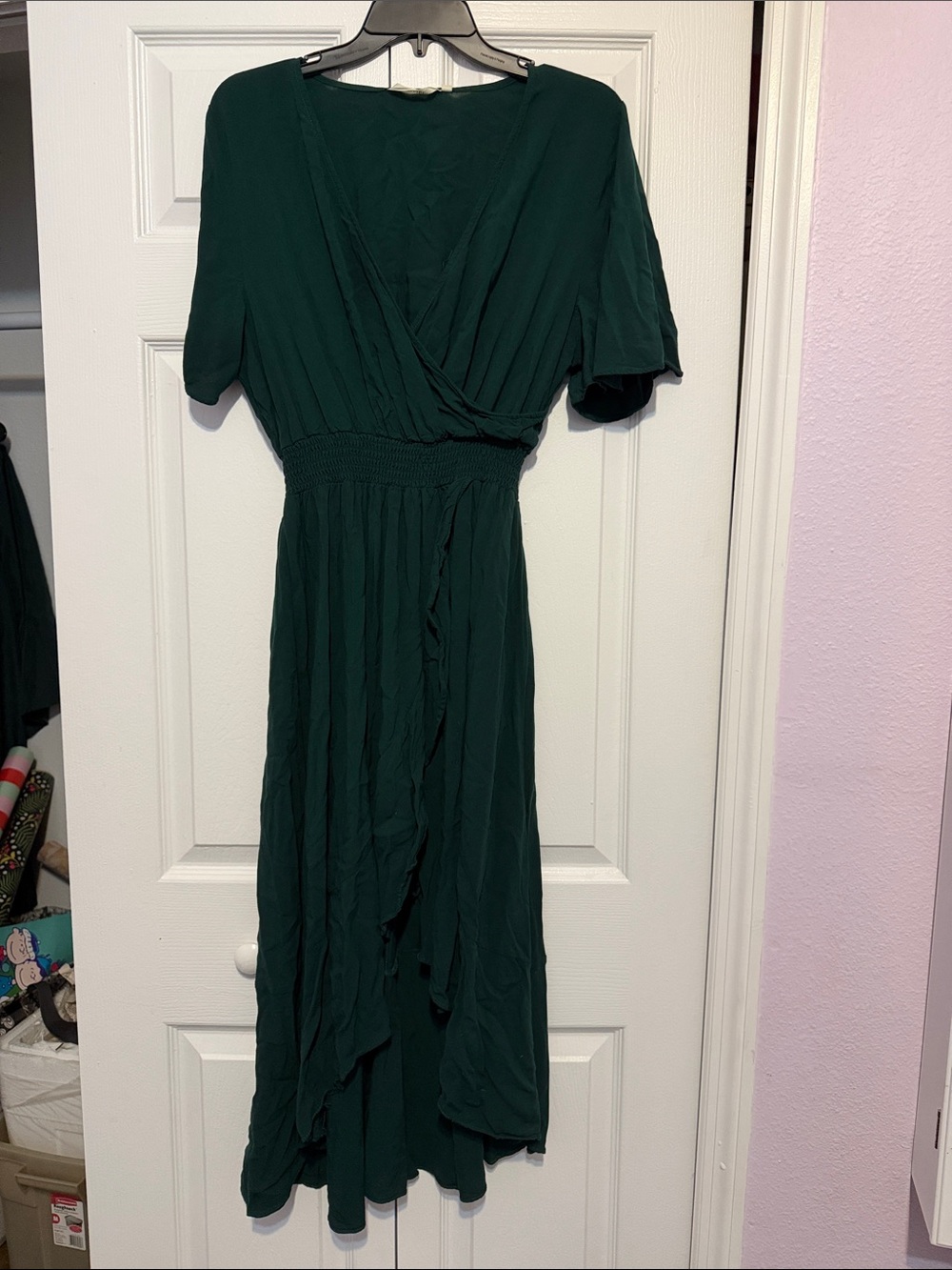 Deep Green High Low Wrap Dress with Smocked Waist